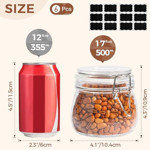 Frascos e Latas de Alimentos | Conjunto de 6 Frascos de Vidro Herméticos com Tampas 17Oz – Recipiente de Armazenamento Redondo com Vedação Transparente e Fecho de Clip de Arame para Conservas na Cozinha, Cereal, Massa, Açúcar, Feijão, Especiarias.