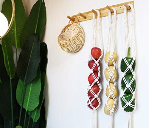 Cestos de Cozinha Suspensos | Cesta Suspensa de Frutas – Cesta Boho para Armazenamento de Batatas, Cebolas e Frutas – Decoração de Parede Boho para Cozinha – Cesta de Macramê para Pendurar na Parede – Conjunto com 3 unidades